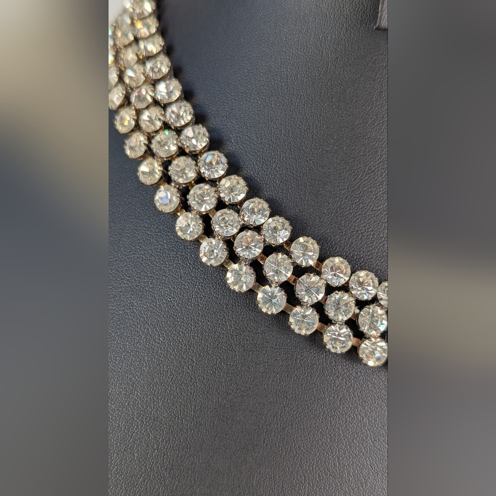 Vintage Crystal Rhinestone Necklace Three Strand Collar Silver Sparkly Art Deco - Picture 3 of 7